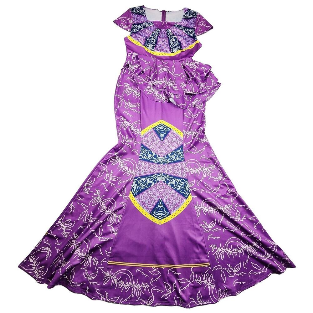 African Mermaid Dress Cap Sleeve Square Neck Floor Length Geometric Womens Large